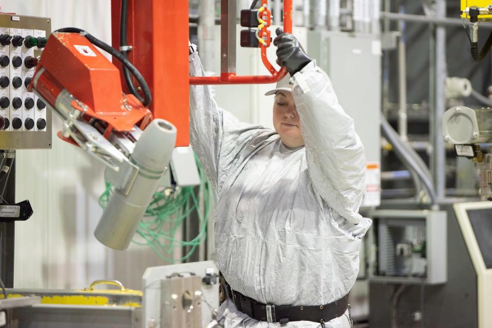 A maintenance employee loads a munition in the Munition Receiving Room at the Pueblo Chemical Agent-Destruction Pilot Plant (PCAPP) on Thursday, June 8, 2023. The last munition was destroyed at the site on June 22, marking the ends to a years-long mission.