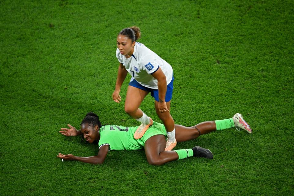 Lauren James stamped on the abck of Michelle Alozie during the Women’s World Cup last summer (FIFA via Getty Images)