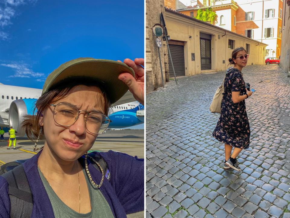 The author travels by plane in Berlin (L) and wanders the streets of Rome on foot (R).