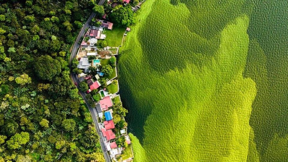 Foto aérea mostra o lago verde