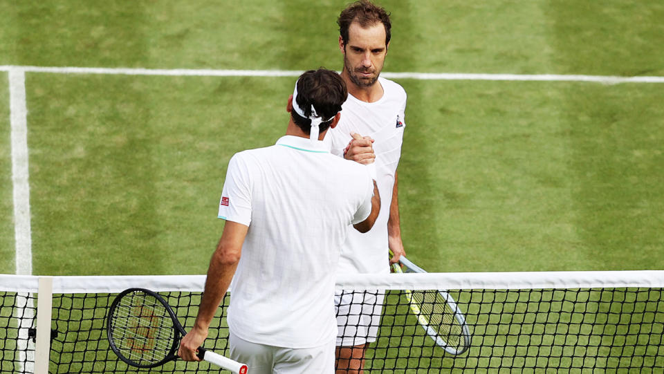 Roger Federer and Richard Gasquet, pictured here after their second-round clash at Wimbledon.