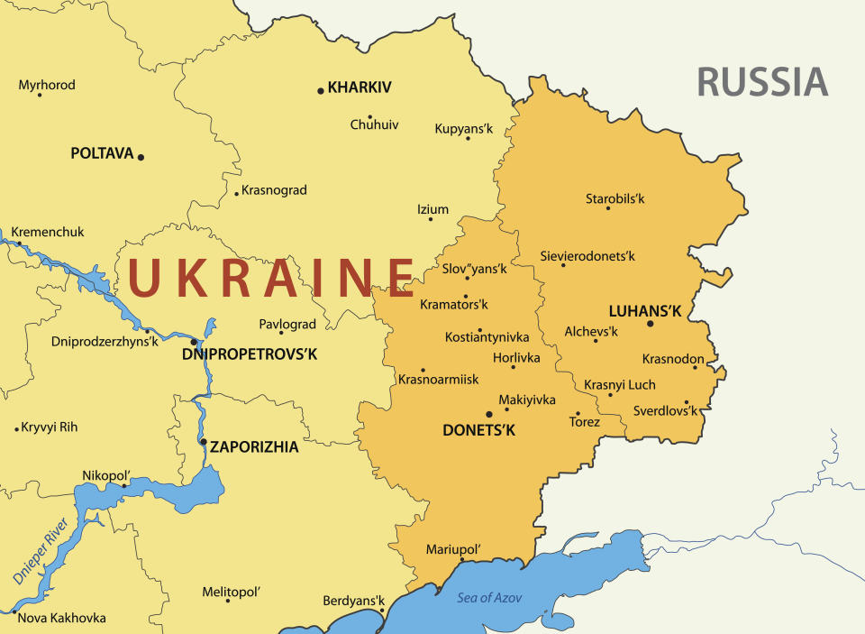 A map shows the Donetsk and Luhansk regions of Ukraine. / Credit: Getty/iStockphoto