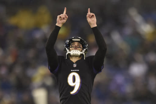 Justin Tucker is once again an elite kicker option in a must-win game for the Baltimore Ravens. (AP Photo/Gail Burton)