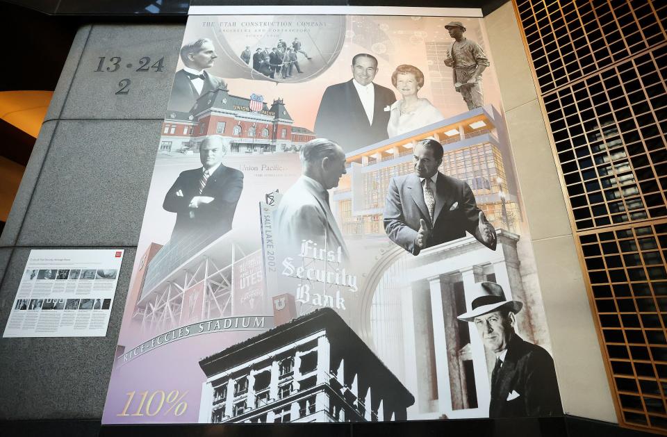 The Eccles and First Security Heritage Mural is on display in the lobby of the Wells Fargo Center in downtown Salt Lake City on Wednesday, Nov. 22, 2023. Images used in the mural are courtesy of The George S and Dolores Eccles Foundation and Wells Fargo Corporate Archives, in collaboration with the Wells Fargo Community Mural Program. | Kristin Murphy, Deseret News