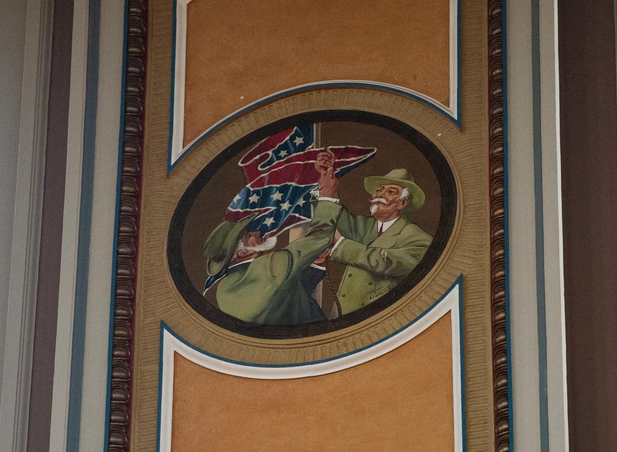 The Mississippi State Capitol ceiling featuring a painted medallion with a Confederate flag in Jackson on Feb. 22. Mississippi will yet again celebrate Confederate Memorial Day on Monday, and several Democratic lawmakers said it is long since overdue to rid the state of the holiday.
