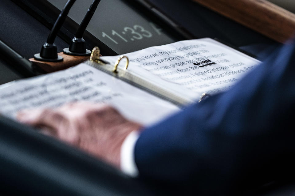 WASHINGTON, DC - MARCH 19 : A close up of President Donald J. Trump's notes shows where Corona was crossed out "Corona" and replaced with "Chinese" Virus as he speaks with his coronavirus task force in response to the COVID-19 coronavirus pandemic during a briefing in the James S. Brady Press Briefing Room at the White House on Thursday, March 19, 2020 in Washington, DC. (Photo by Jabin Botsford/The Washington Post via Getty Images)