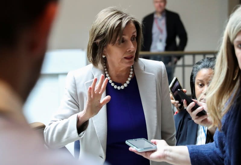 Speaker of the House Pelosi talks to reporters outside House impeachment inquiry on Capitol Hill in Washington