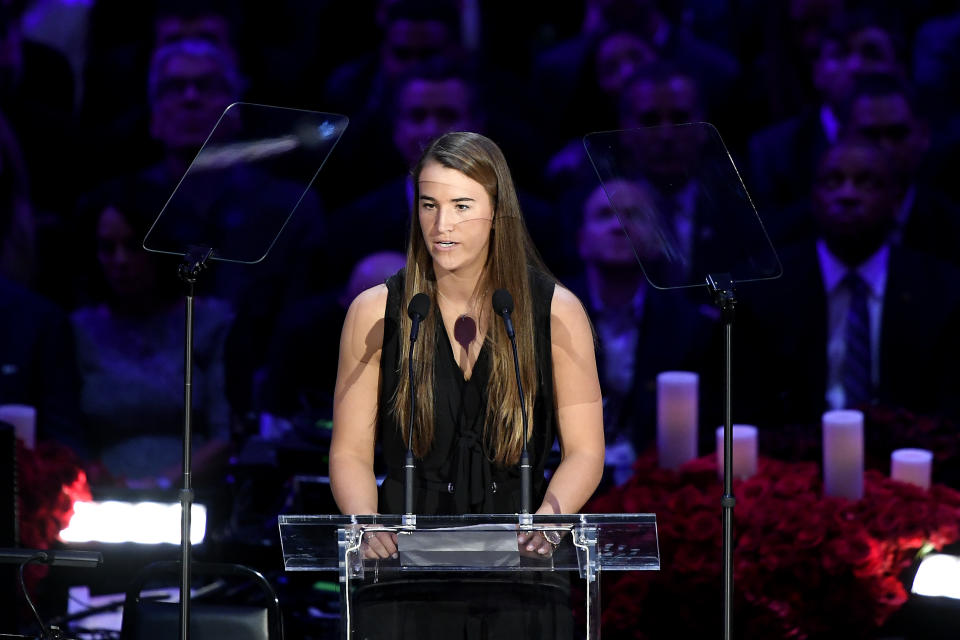 Sabrina Ionescu speaks during The Celebration of Life for Kobe & Gianna Bryant at the Staples Center on February 24, 2020, in Los Angeles, California.