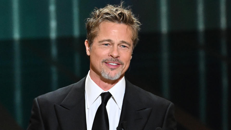 PARIS, FRANCE - FEBRUARY 24: Brad Pitt onstage while David Fincher receives the "Honorary César Award"  during the  48th Cesar Film Awards at L'Olympia on February 24, 2023 in Paris, France. (Photo by Stephane Cardinale - Corbis/Corbis via Getty Images)