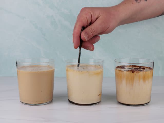 <p>Serious Eats / Jesse Raub</p> Adding instant espresso to cold milk to make an iced latte required more stirring to get it to dissolve.