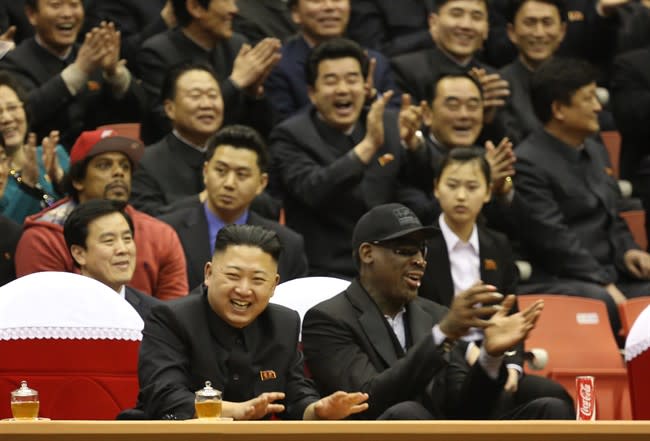 FILE - North Korean leader Kim Jong Un, left, and former NBA star Dennis Rodman watch North Korean and U.S. players in an exhibition basketball game at an arena in Pyongyang, North Korea, Thursday, Feb. 28, 2013. Rodman arrived in Pyongyang on Monday with three members of the Harlem Globetrotters basketball team to shoot an episode on North Korea for a new weekly HBO series. (AP Photo/VICE Media, Jason Mojica, File)