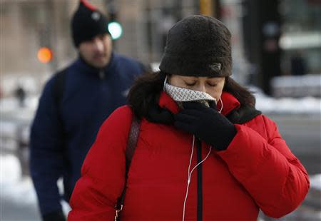 A woman covers her mouth on another day of frigid temperatures as she makes her way through downtown Chicago, Illinois, January 8, 2014. REUTERS/Jim Young