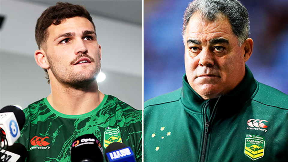 Australian coach Mal Meninga (pictured right) and (pictured left) Nathan Cleary during an interview.