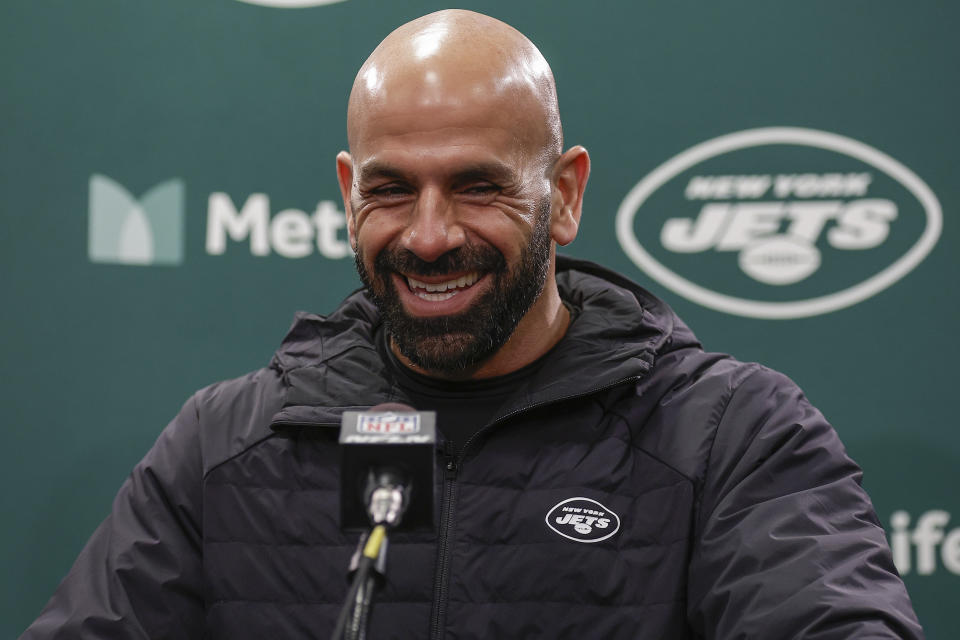 New York Jets head coach Robert Saleh answers questions during a news conference after an NFL football game against the Washington Commanders, Sunday, Dec. 24, 2023, in East Rutherford, N.J. (AP Photo/Adam Hunger)