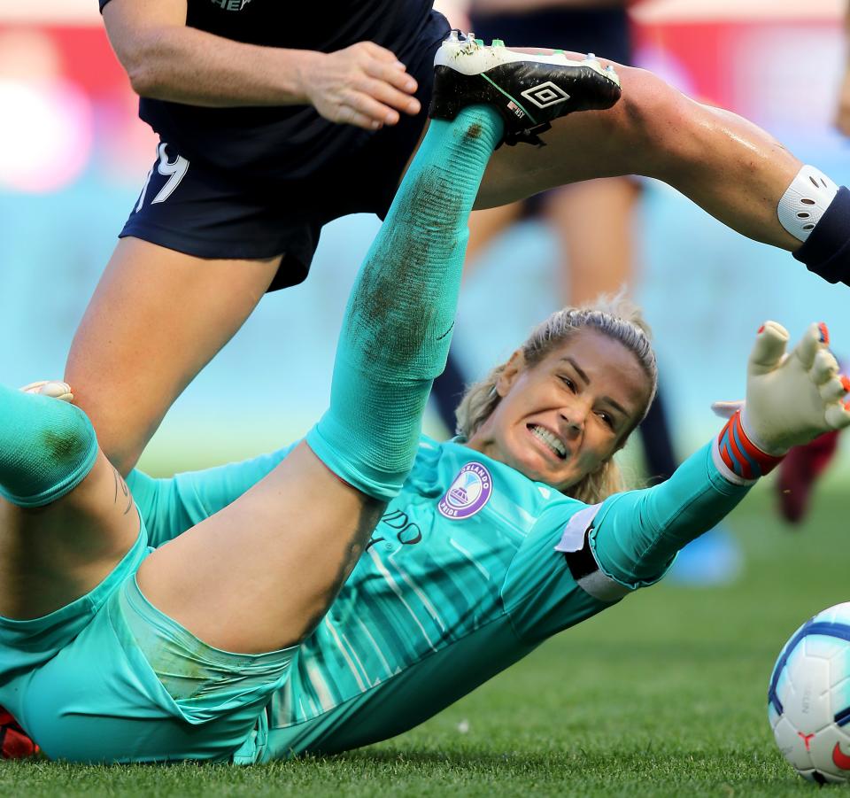 Ashlyn Harris, former goalkeeper for the Orlando Pride, on the pitch in 2019.