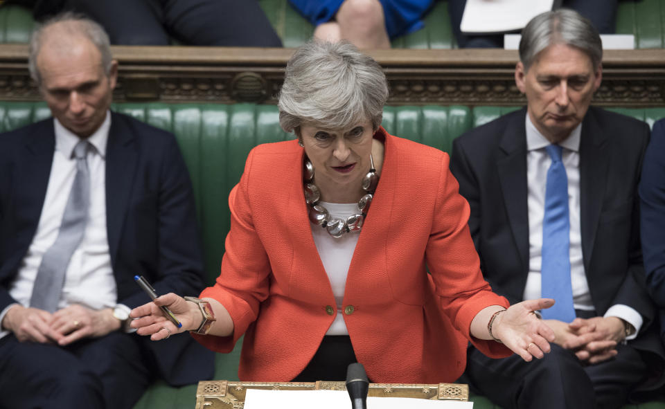 Britain's Prime Minister Theresa May speaks to lawmakers in parliament, London, Tuesday March 12, 2019. Prime Minister Theresa May's mission to secure Britain's orderly exit from the European Union appeared headed for defeat Tuesday, as lawmakers ignored her entreaties to support her divorce deal and end the political chaos and economic uncertainty that Brexit has unleashed. (Jessica Taylor/UK Parliament via AP)