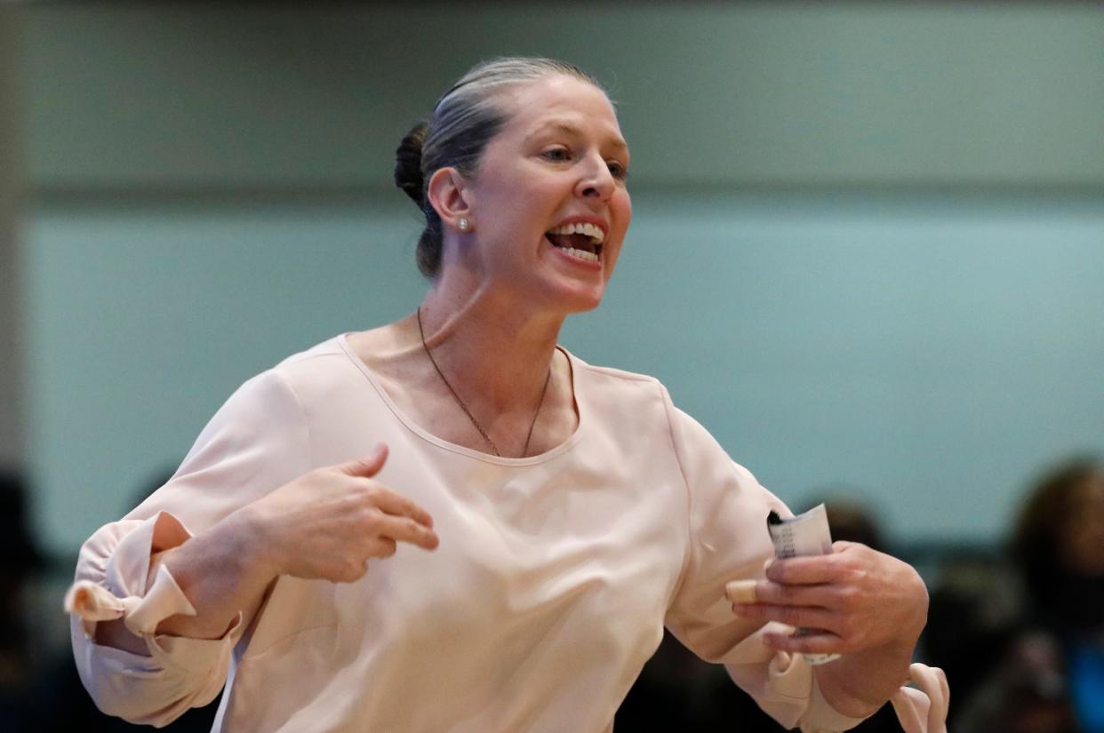 FILE - In this June 9, 2019, file photo, New York Liberty's head coach Katie Smith yells during the second half of a WNBA basketball game against the Las Vegas Aces in White Plains, N.Y. The Liberty will get a huge lift with the return of Amanda Zahui B., Bria Hartley and the addition of Marine Johannes to the roster. The trio were all playing at the EuroBasket tournament and helped their teams qualify for the Olympic qualifier. Without Zahui. B and Hartley, who were averaging a combined 20 points a game for New York, the Liberty were able to play well, going 4-2. “It’s going to be great to have them back,” Liberty coach Katie Smith said.(AP Photo/Mark Lennihan, File)