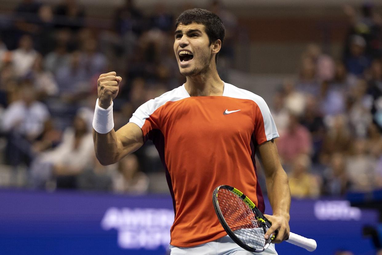 Carlos Alcaraz of Spain celebrates a point against Casper Ruud of Norway during their Men’s Singles Final match on Day Fourteen of the 2022 US Open