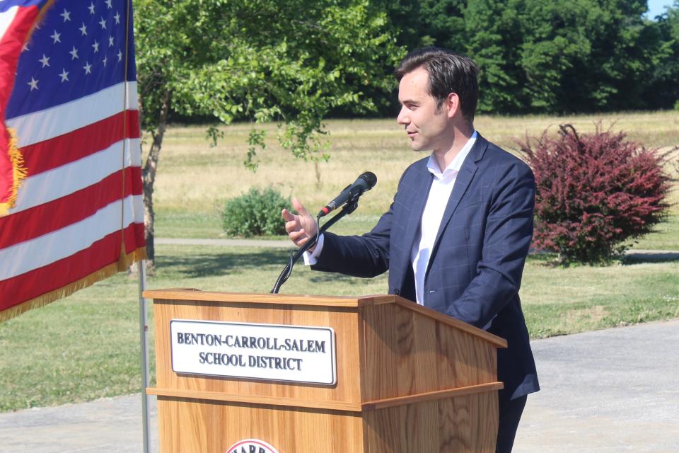 Oak Harbor Mayor Quinton Babcock spoke at Tuesday's Oak Harbor Intermediate School groundbreaking ceremony. The new school, scheduled for completion in November 2023, will house students in grades 4-6.
