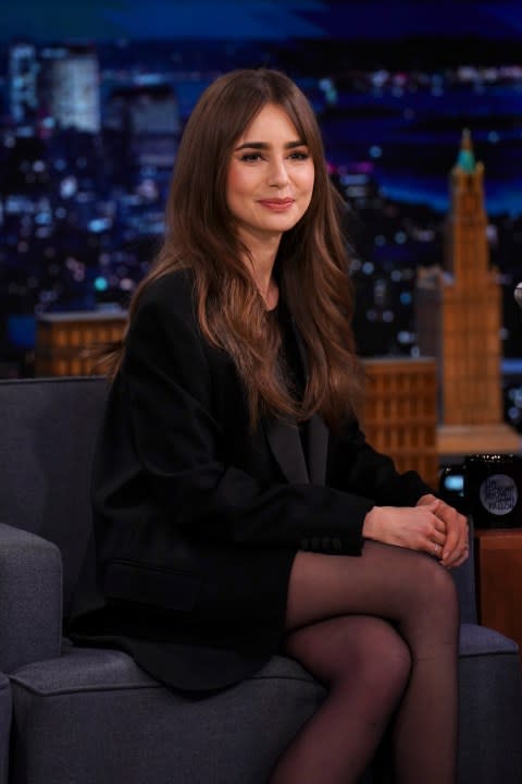 THE TONIGHT SHOW STARRING JIMMY FALLON -- Episode 1620 -- Pictured: Actress Lily Collins during an interview on Tuesday, March 22, 2022 -- (Photo by: Ryan Muir/NBC/NBCU Photo Bank via Getty Images)