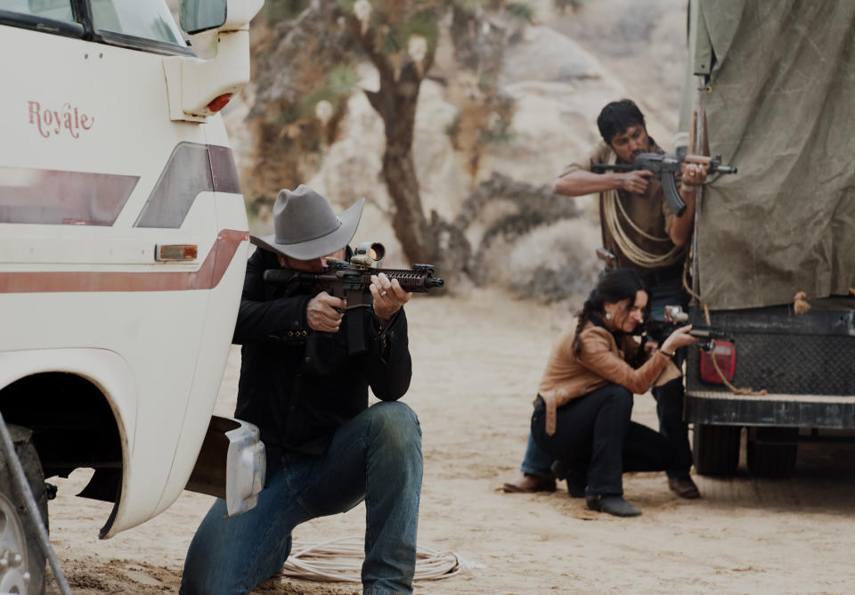 (from left) Dylan Tucker (Josh Lucas), Adela (Ana de la Reguera) and Juan (Tenoch Huerta) in The Forever Purge, directed by Everardo Valerio Gout.



