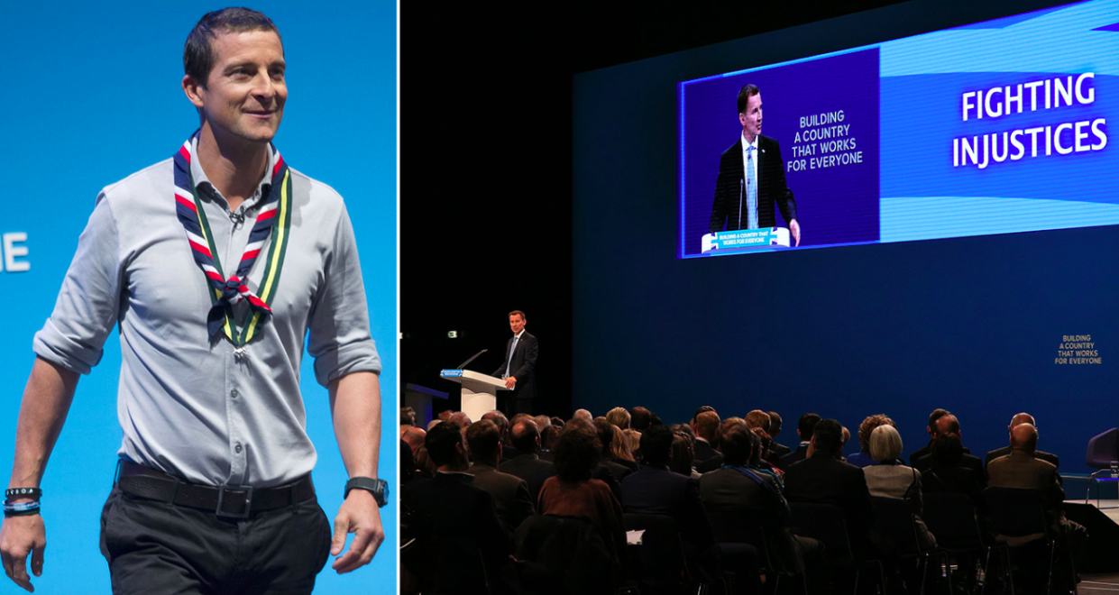 <em>Bear Grylls made Tory conference get up and stretch before his speech (Rex)</em>