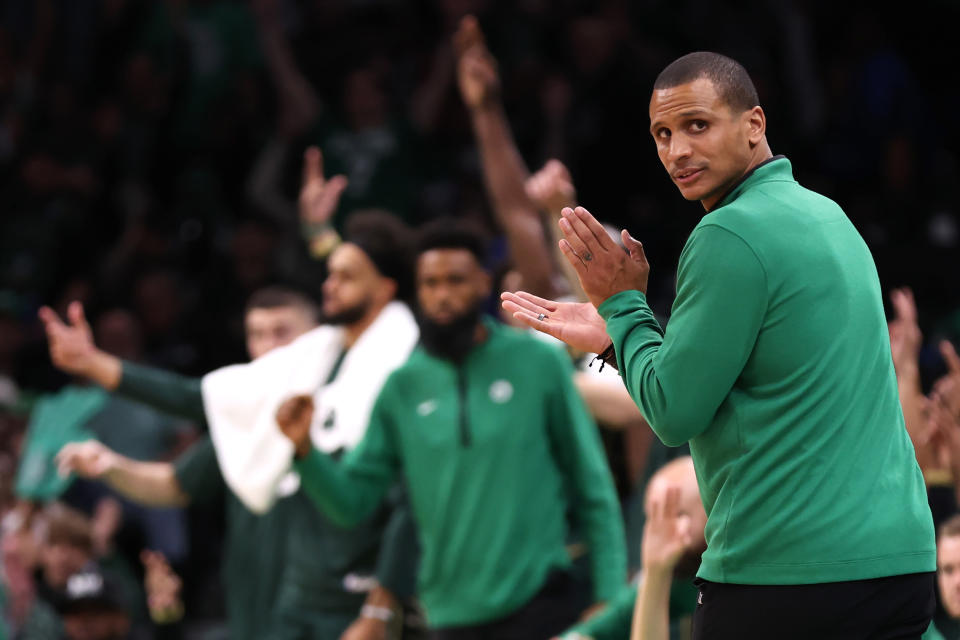 BOSTON, MASSACHUSETTS - OCTOBER 18: Boston Celtics interim head coach Joe Mazzulla looks on during the second half against the Philadelphia 76ers at TD Garden on October 18, 2022 in Boston, Massachusetts. The Celtics defeat the 76ers 126-117. NOTE TO USER: User expressly acknowledges and agrees that, by downloading and or using this photograph, User is consenting to the terms and conditions of the Getty Images License Agreement. (Photo by Maddie Meyer/Getty Images)