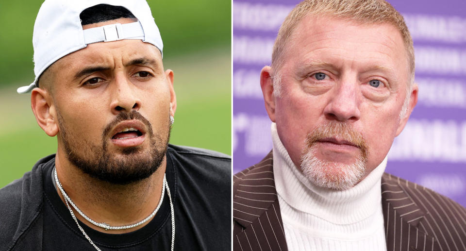 Tennis identities Nick Kyrgios and Boris Becker are pictured from left to right.
