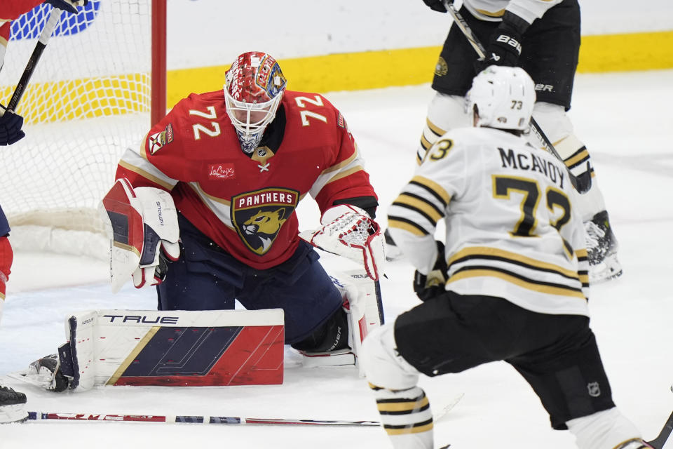 Boston Bruins defenseman Charlie McAvoy (73) scores against Florida Panthers goaltender Sergei Bobrovsky (72) during the second period of Game 5 of the second-round series of the Stanley Cup Playoffs, Tuesday, May 14, 2024, in Sunrise, Fla. (AP Photo/Wilfredo Lee)