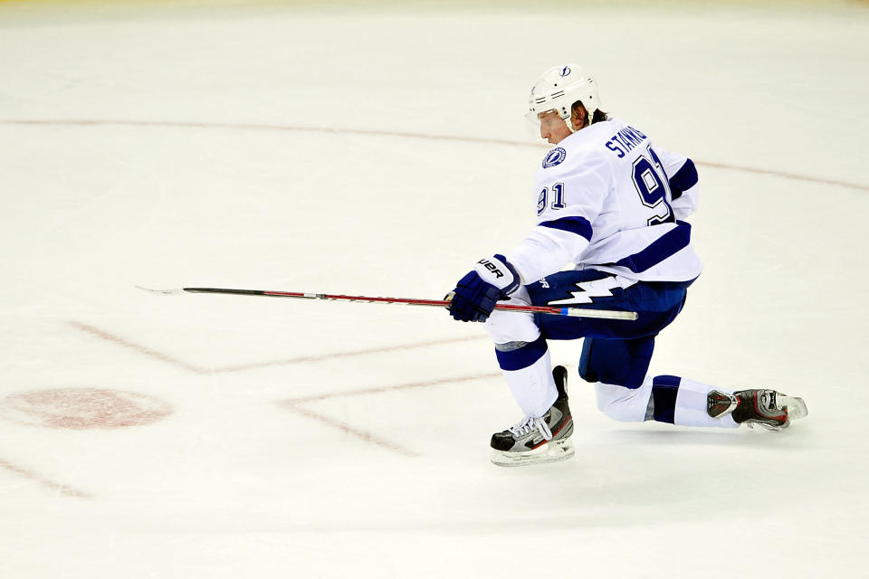 RALEIGH, NC - MARCH 03: Steven Stamkos #91 of the Tampa Bay Lightning celebrates after scoring the game-winning goal against the Carolina Hurricanes during overtime at the RBC Center on March 3, 2012 in Raleigh, North Carolina. The Lightning won 4-3 in overtime. (Photo by Grant Halverson/Getty Images)