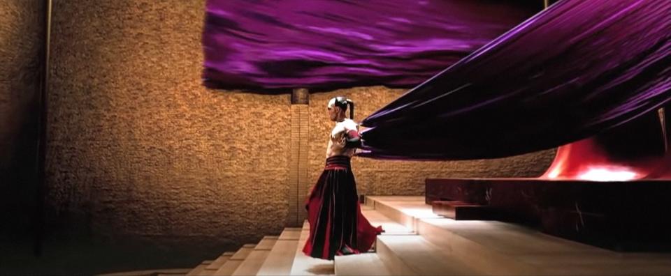 a side shot of someone walking down the stairs with bold fabric following in large sweeps