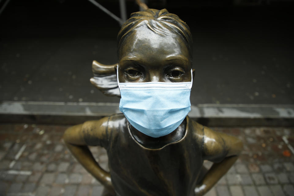 NEW YORK, NEW YORK - APRIL 30: A statue of the " Fearless Girl" stands in front of the NYSE during the coronavirus pandemic on April 30, 2020 in New York City. COVID-19 has spread to most countries around the world, claiming over 233,000 lives and infecting over 3.2 million people (Photo by John Lamparski/Getty Images)