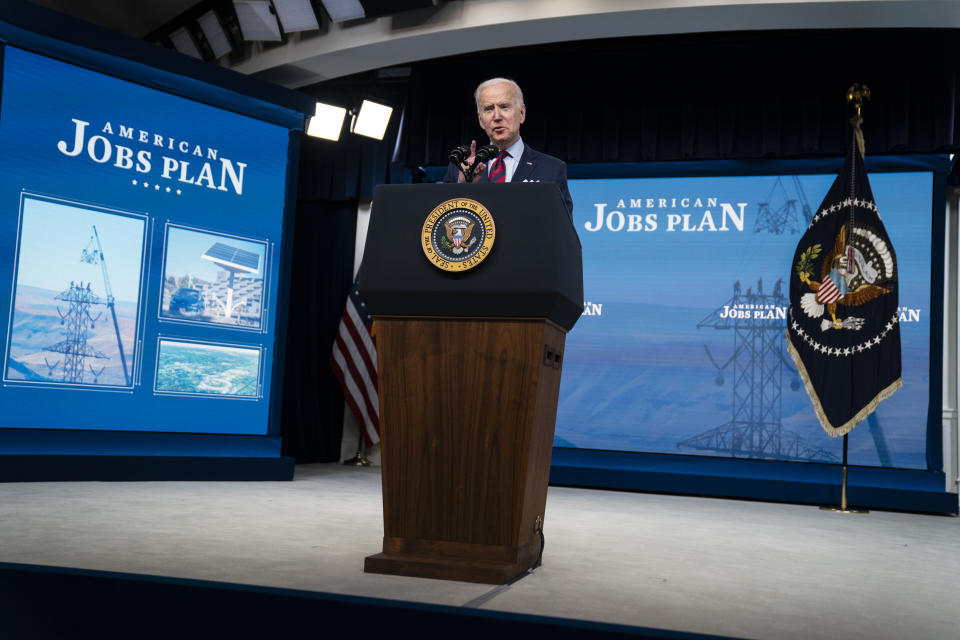 President Joe Biden speaks during an event on the American Jobs Plan in the South Court Auditorium on the White House campus, Wednesday, April 7, 2021, in Washington. (AP Photo/Evan Vucci)