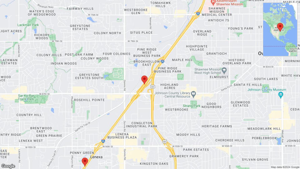 A detailed map that shows the affected road due to 'Drivers cautioned as heavy rain triggers traffic concerns on westbound I-35 in Lenexa' on July 1st at 12:12 p.m.