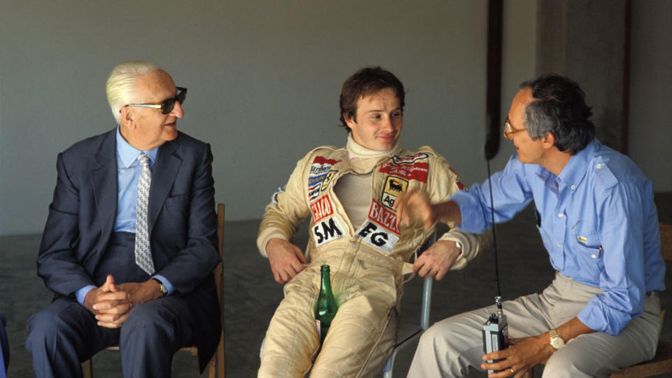 From left: Enzo Ferrari, racer Gilles Villeneuve, and Roberto Nosetto, circa 1980.