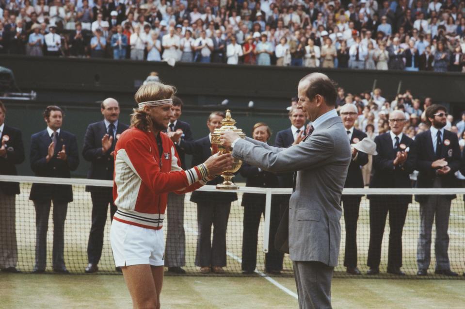 <p>Bjorn Borg receives the trophy from the Duke of Kent after defeating Roscoe Tanner during the Men's Singles Final match in July 1979.</p>