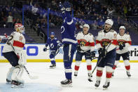 Tampa Bay Lightning left wing Alex Killorn, center, celebrates his goal against the Florida Panthers during the second period in Game 4 of an NHL hockey Stanley Cup first-round playoff series Saturday, May 22, 2021, in Tampa, Fla. (AP Photo/Chris O'Meara)