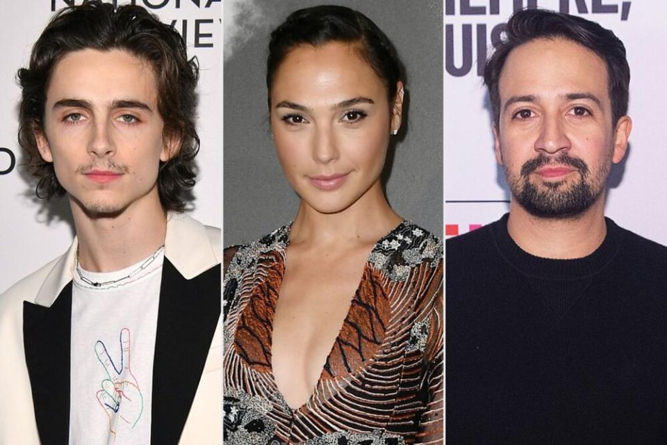 Timothée Chalamet, Gal Gadot and Lin-Manuel Miranda | Dia Dipasupil/Getty; Rindoff/Charriau/Getty;  Mat Hayward/Getty