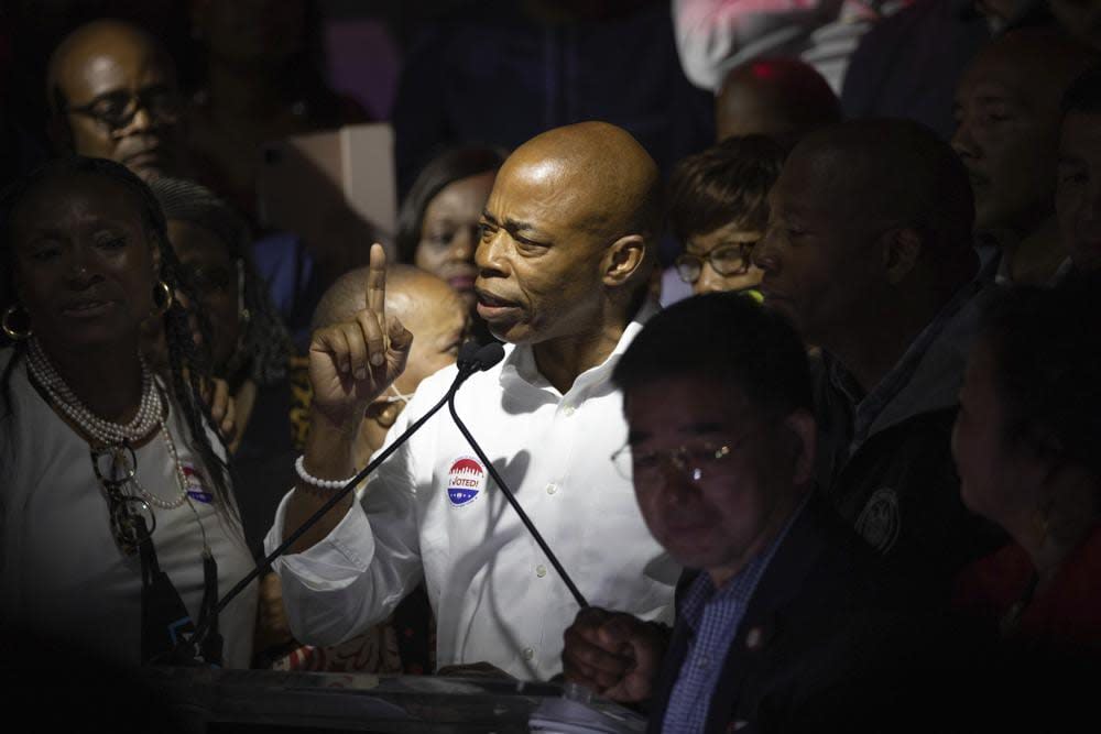 Mayoral Candidate Eric Adams speaks at his election party Tuesday, June 22, 2021, in New York. (AP Photo/Kevin Hagen).