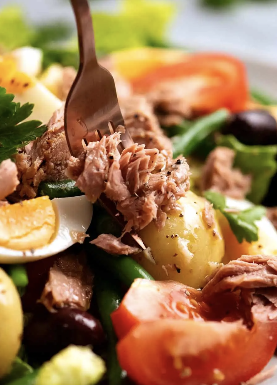 Close-up of a salad with tuna, eggs, potatoes, olives, and tomatoes. A fork is piercing a piece of tuna