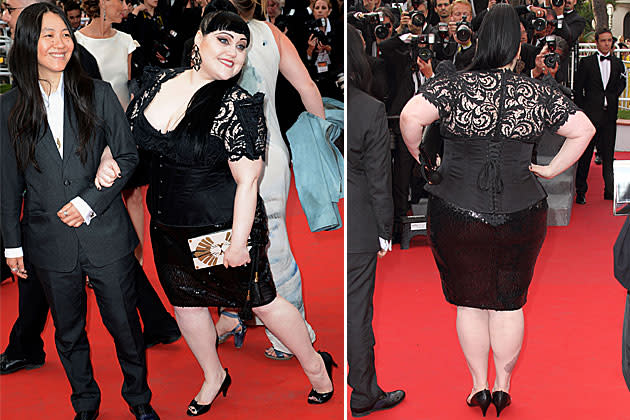 Beth Ditto, die Cannes mit ihrer Verlobten Kristin Ogata unsicher macht, wählt das „Kleine“ Schwarze im Gothic-Look. (Getty Images)