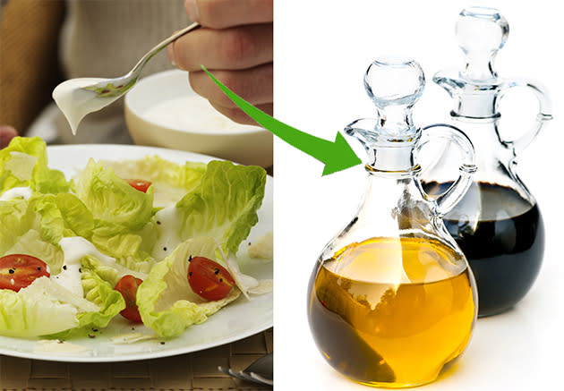 <b>SWAP: Salad dressings for olive oil</b><br><br>Salad dressings can undo all the good work of your salad. Instead of shovelling them on, make your own or drizzle over a little good quality olive oil.