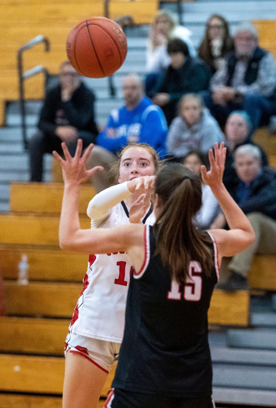 William Tennent's Avery Kocur (15) against Souderton's Brooke Fenchel (10) during their girls basketball game in the Jim Church Classic at Souderton High School in Souderton on Friday, Dec. 1, 2023.

[Daniella Heminghaus | Bucks County Courier Times]