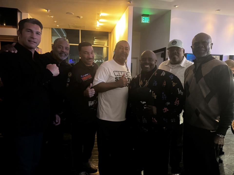 Marcus Shirock, Michael Allen, Tony Weekes, Travis Stocking, Galaxy Glenn, Kevin Mitchell and Glynn Turman attend the parings party for the for the 14th annual Fred "The Hammer" Williamson Celebrity Invitational Golf Tournament on Jan. 12, 2024.