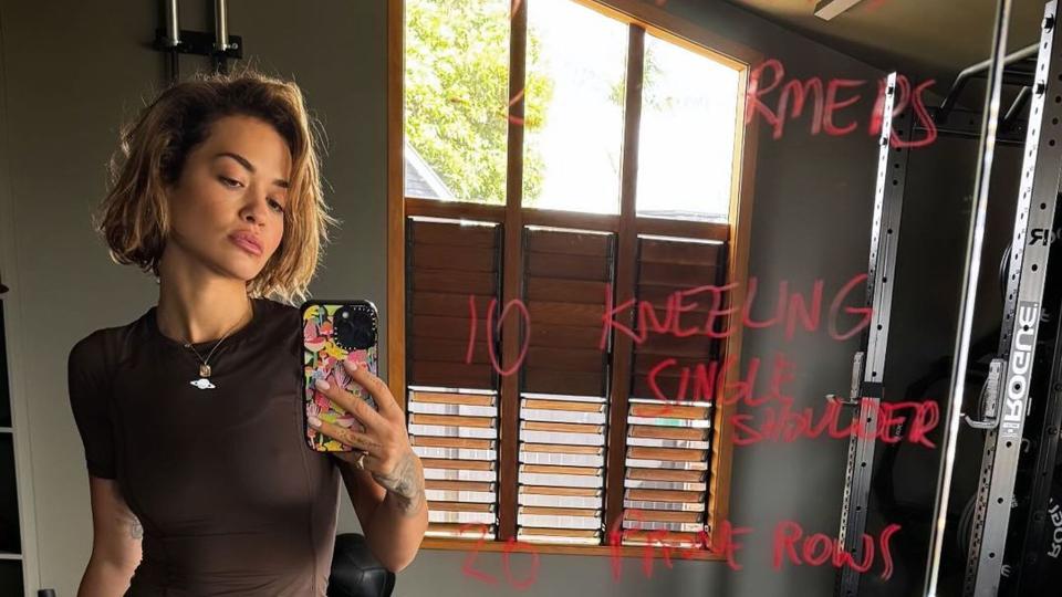Rita Ora shares an instagram story of herself wearing brown leggings and a matching top