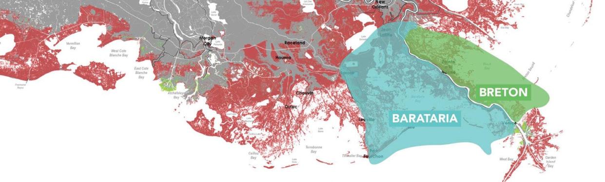 A map shows the area that would be impacted by the Mid-Barataria Sediment Diversion and 
 a separate but similar project to the east in and around Breton Sound.