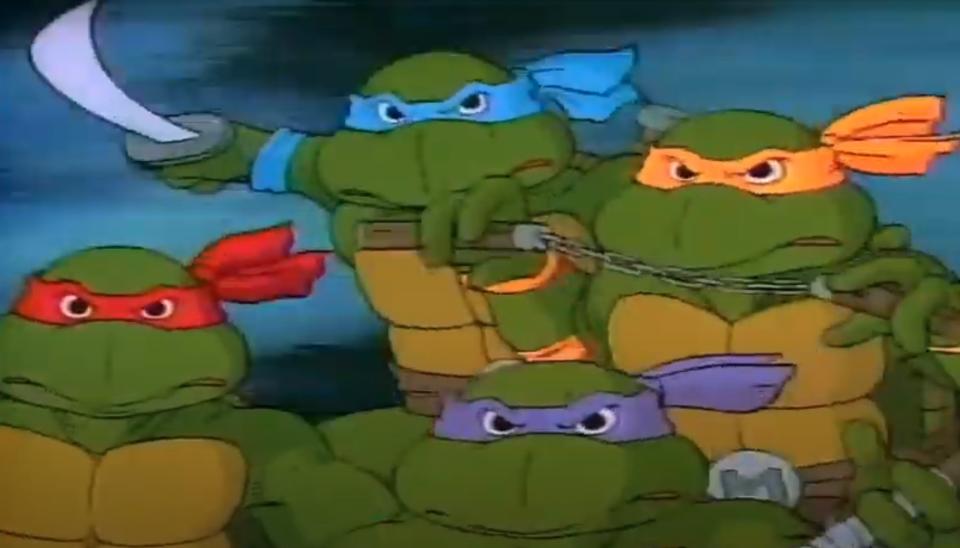 The Teenage Mutant Ninja Turtles appear together in the 1987 theme song for their animated series