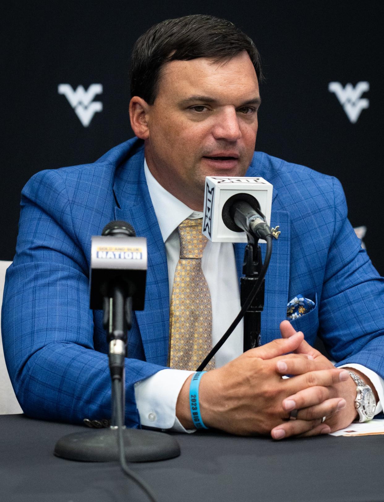 West Virginia Head Coach Neal Brown answers questions during a breakout press conference on the second day of Big 12 Media Days in AT&T Stadium in Arlington, Texas, July 13, 2023. 