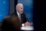 President Joe Biden speaks during a meeting with governors to discuss ongoing efforts to strengthen wildfire prevention, preparedness and response efforts, and hear firsthand about the ongoing impacts of the 2021 wildfire season in the South Court Auditorium in the Eisenhower Executive Office Building on the White House Campus in Washington, Friday, July 30, 2021. (AP Photo/Andrew Harnik)