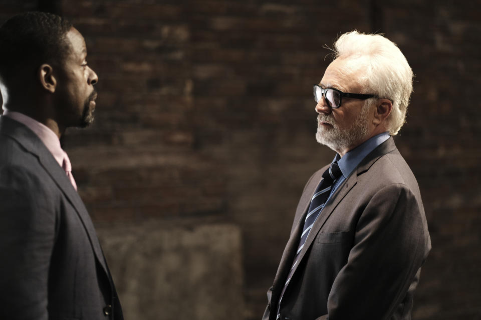 This image released by HBO Max shows Sterling K. Brown, left, and Bradley Whitford in a scene from "A West Wing Special to Benefit When We All Vote," a stage presentation of the “Hartsfield’s Landing” episode from the third season of "The West Wing" TV series, debuting Thursday on HBO Max. (Eddy Chen/HBO Max via AP)